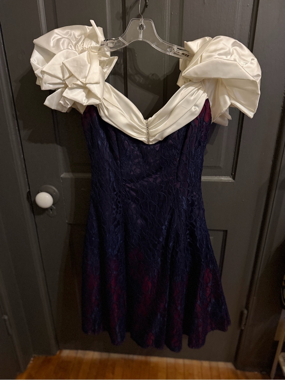 Navy Lace Formal Dress with Ivory Satin Shoulder Detail